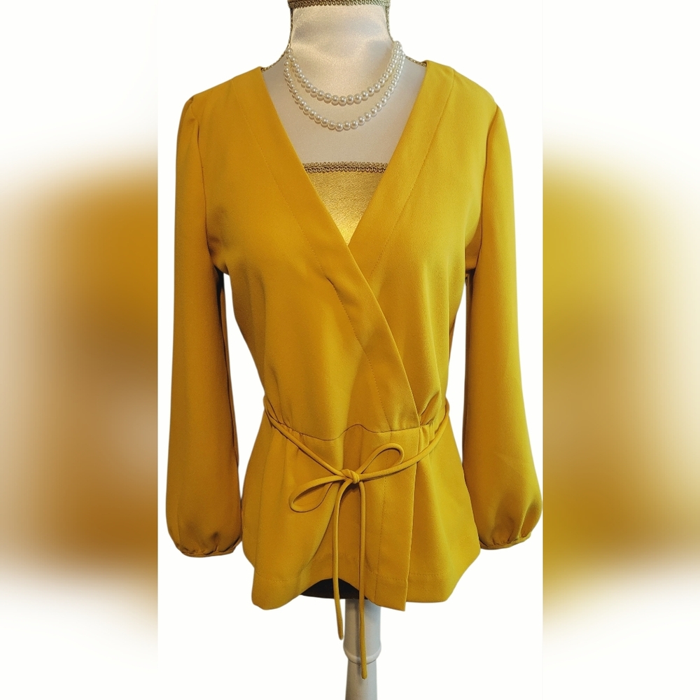 J. Crew Mustard Yellow Color Drapey Crepe Faux-Wrap Long Sleeve Top Blouse